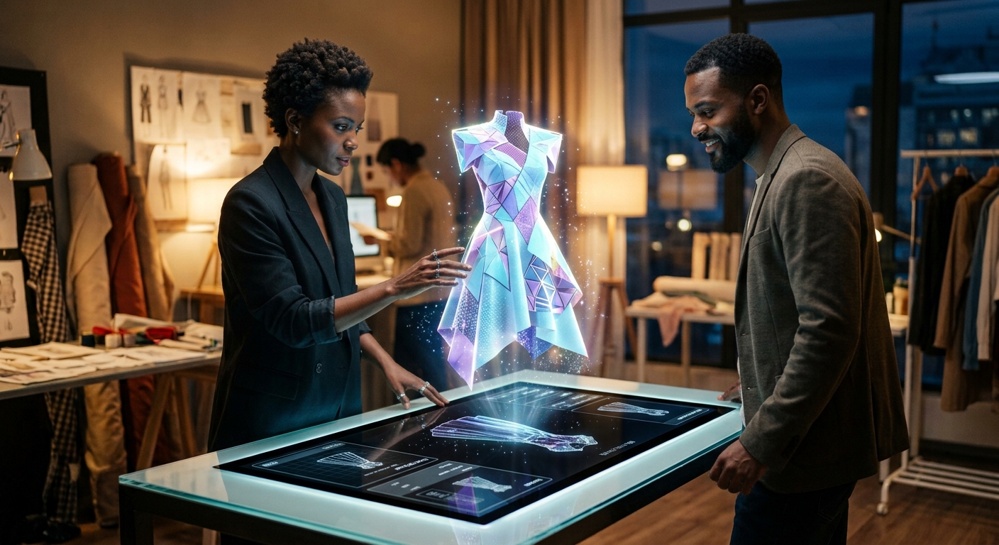 A designer and client review a holographic preview of a garment on a light table in a Lagos studio at night