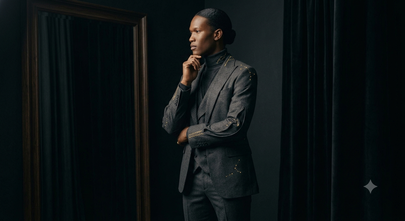 The same man reviewing the finished suit in a mirror, gold constellation embroidery visible at the shoulder and cuffs