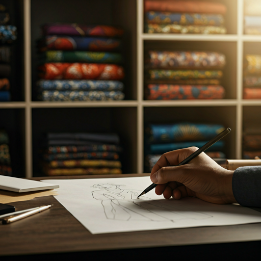A designer sketching in a Lagos studio surrounded by fabric bolts
