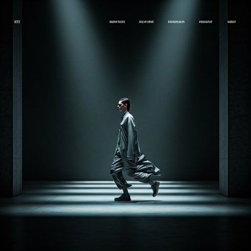 Model in motion on a brutalist runway — cinematic long shadow and monochrome look
