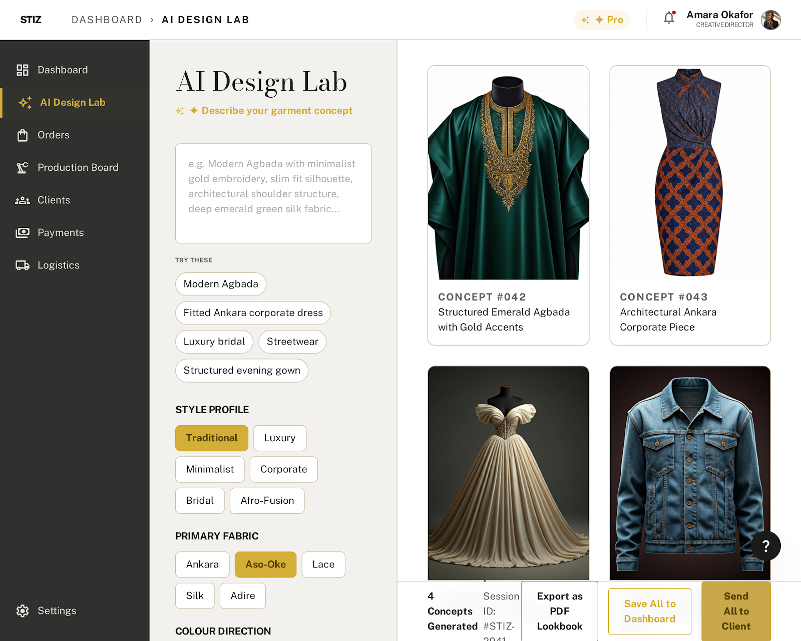 AI Design Lab rendering garment concepts in real fabric and silhouette