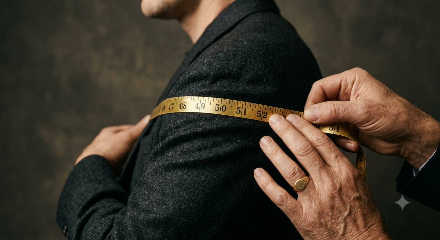 A tailor's gold measuring tape wrapped around a shoulder, precise and unhurried
