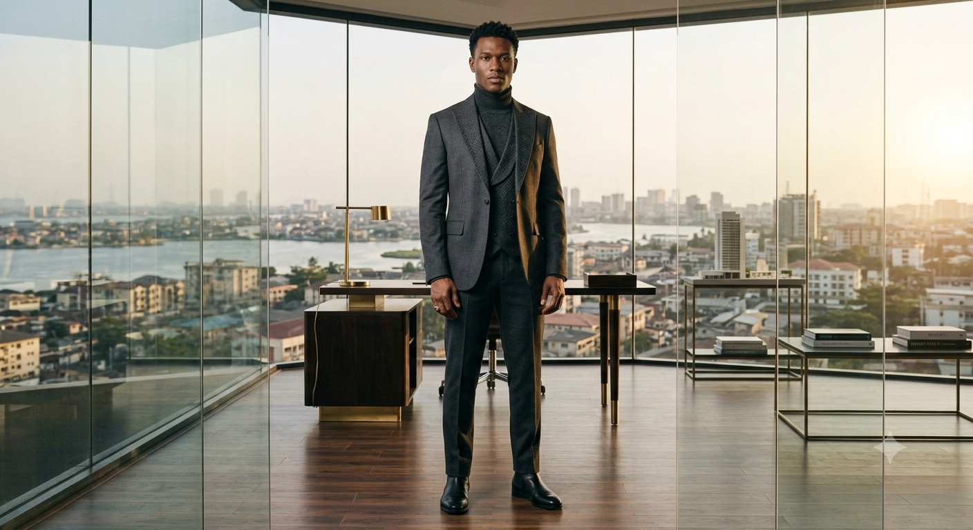 A confident client in a tailored charcoal suit, the finished look approved before production