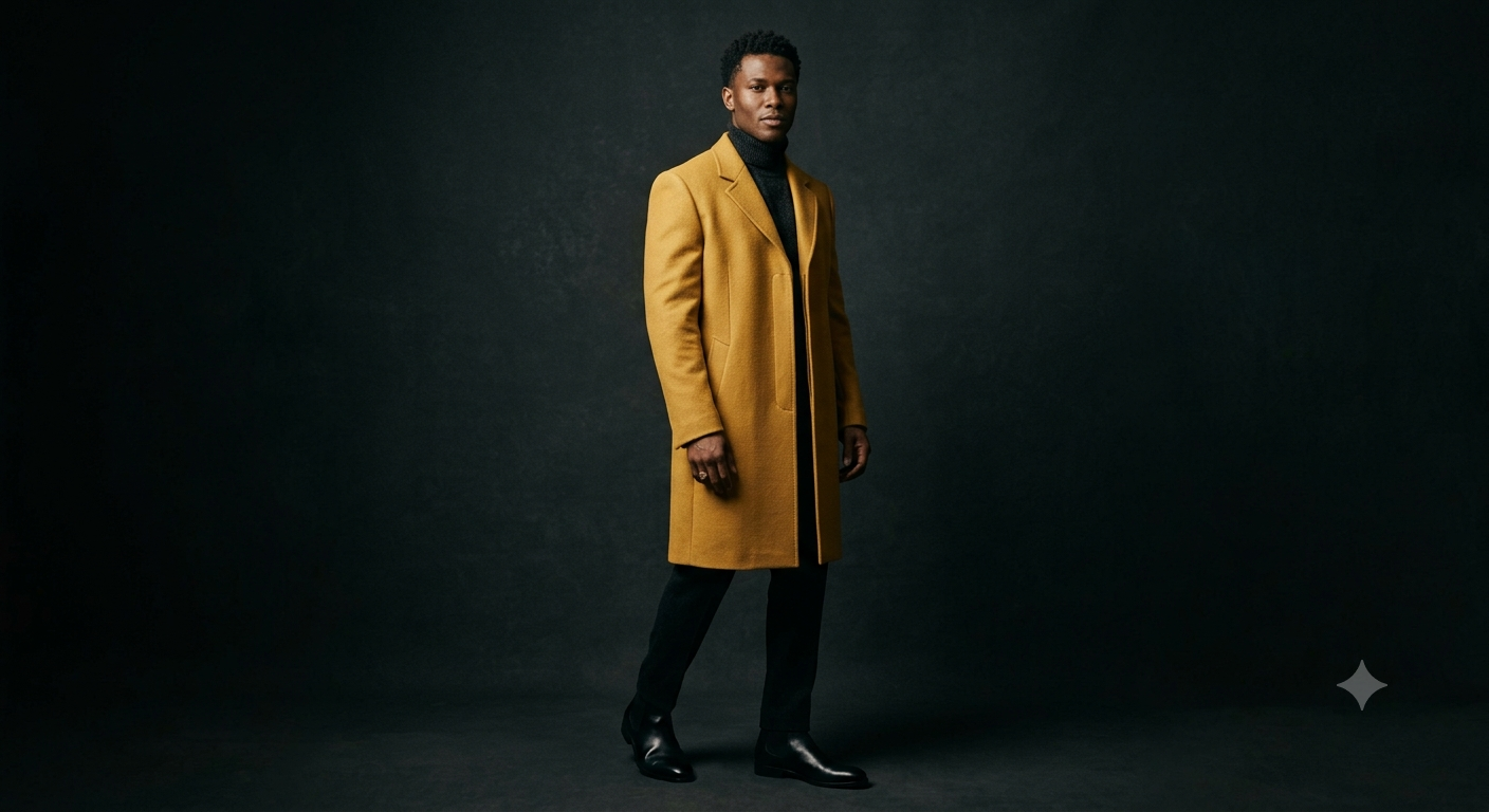 A model wearing the finished structured gold coat, full figure, approved before production